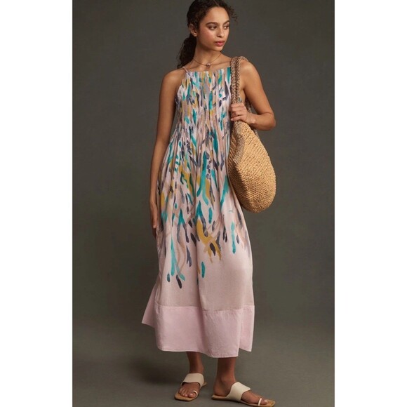 Anthropologie Dresses & Skirts - Anthropologie Midi Dress Women Floral High Neck Pleated Boho Vacay Size XL NWT